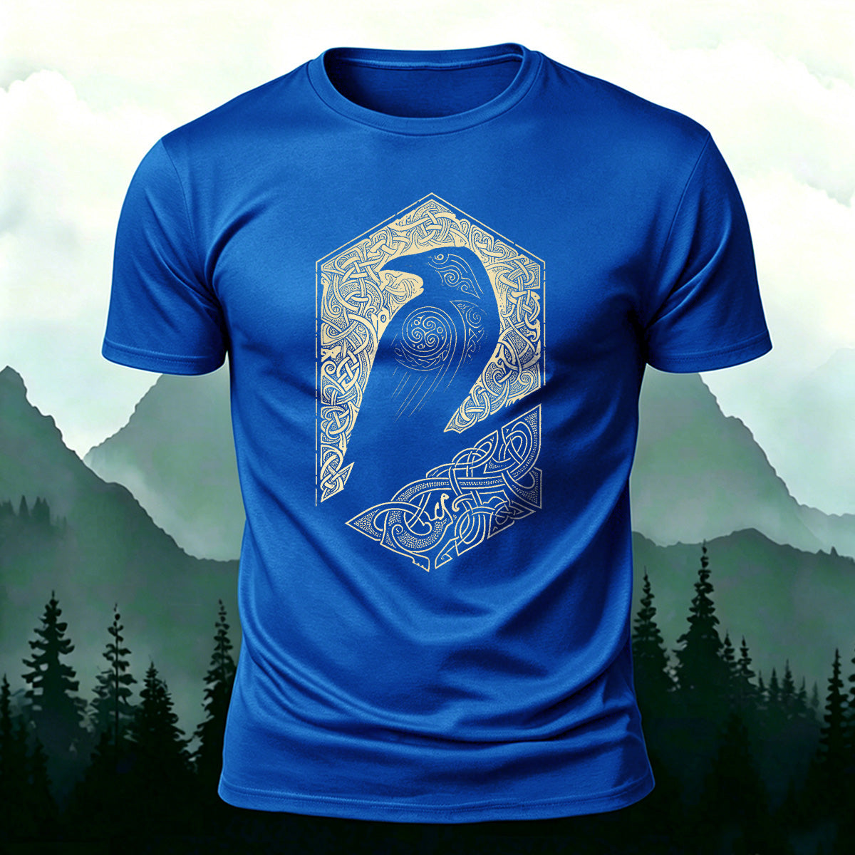 Bird Pattern Mountain-Style Comfortable Casual T-Shirt Blue