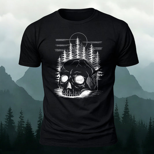 Soft Cotton Skull and Pine Trees Gothic Nature Casual T‑Shirt