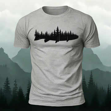 Soft Cotton Forest Fish Silhouette Print Casual T‑Shirt