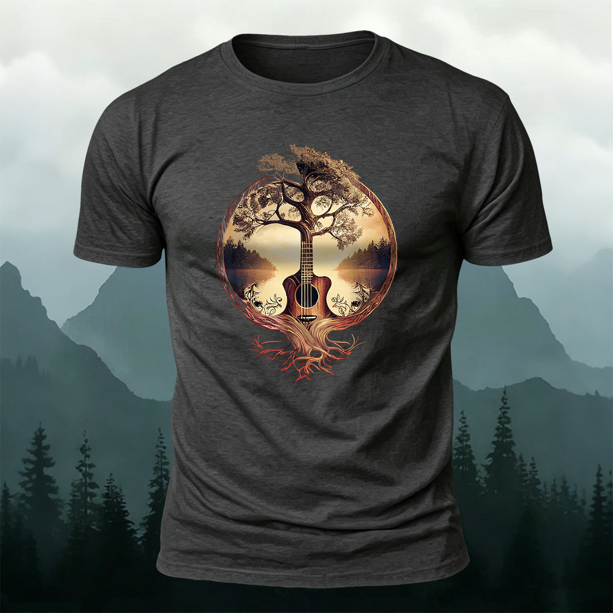 100% Cotton Ancient Forest Tree Guitar Print Casual Tee