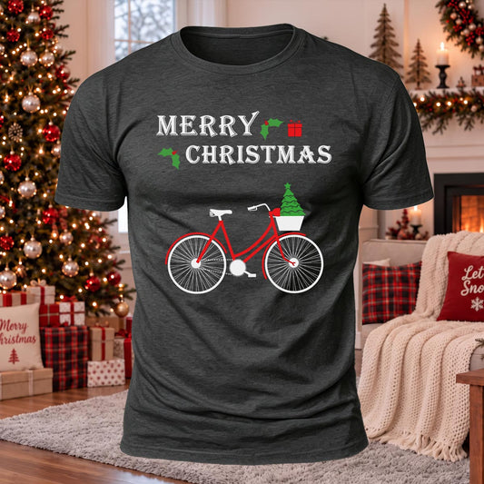 Merry Christmas Bicycle Printed Casual Short Sleeve T-Shirt
