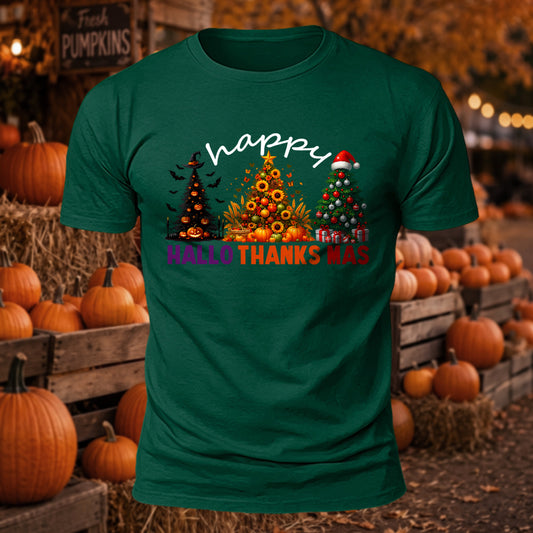 Hallothanksmas Tree Printed Short Sleeve T-Shirt