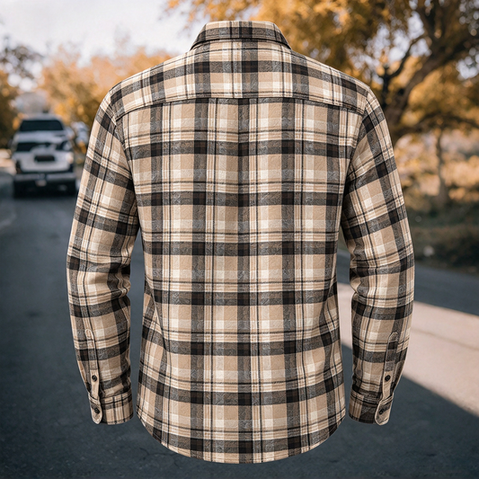 Men's Vintage Khaki Tan Plaid Flannel Long Sleeve Shirt