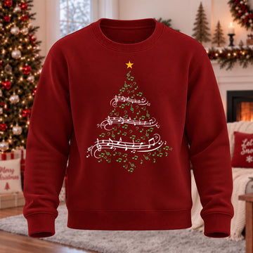 Music Note Christmas Tree Printed Round Neck Sweatshirt