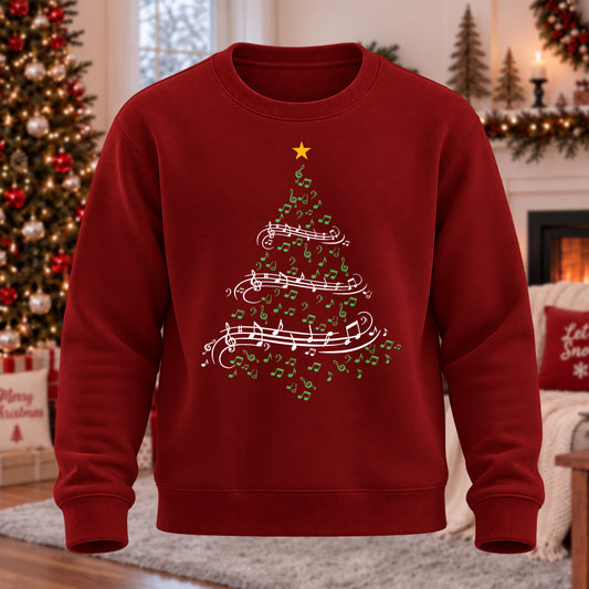 Music Note Christmas Tree Printed Round Neck Sweatshirt