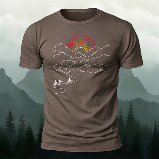 Combed Cotton Minimalist Mountain Bike Print Casual Tee