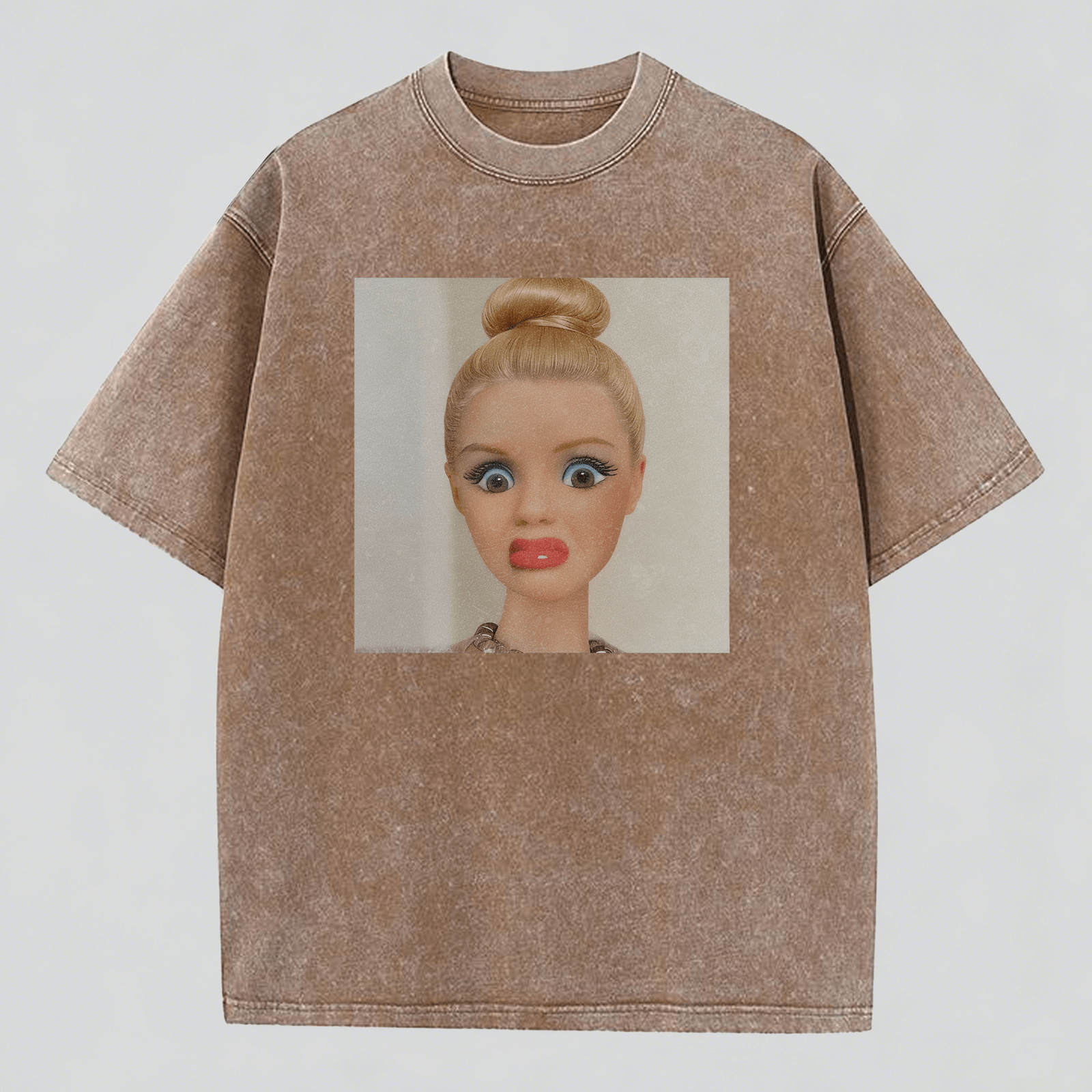 Shocked Expression Print Washed Cotton T-Shirt