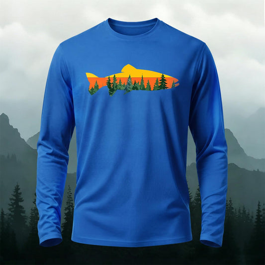 Fish Forest Pattern Simple Casual Long-Sleeve 100% Cotton T-Shirt