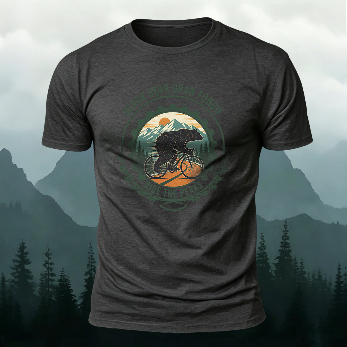 Black Bear Outdoor Cycling Round-Print Casual Cotton Tee