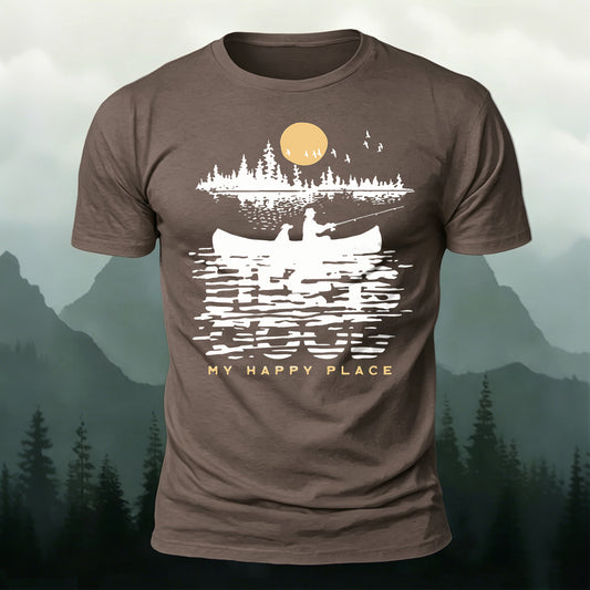 Cotton Forest Morning Fishing Print Casual T-Shirt