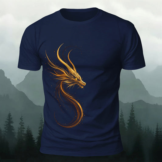DTG Golden Curved Dragon Printed Short Sleeve T-Shirt