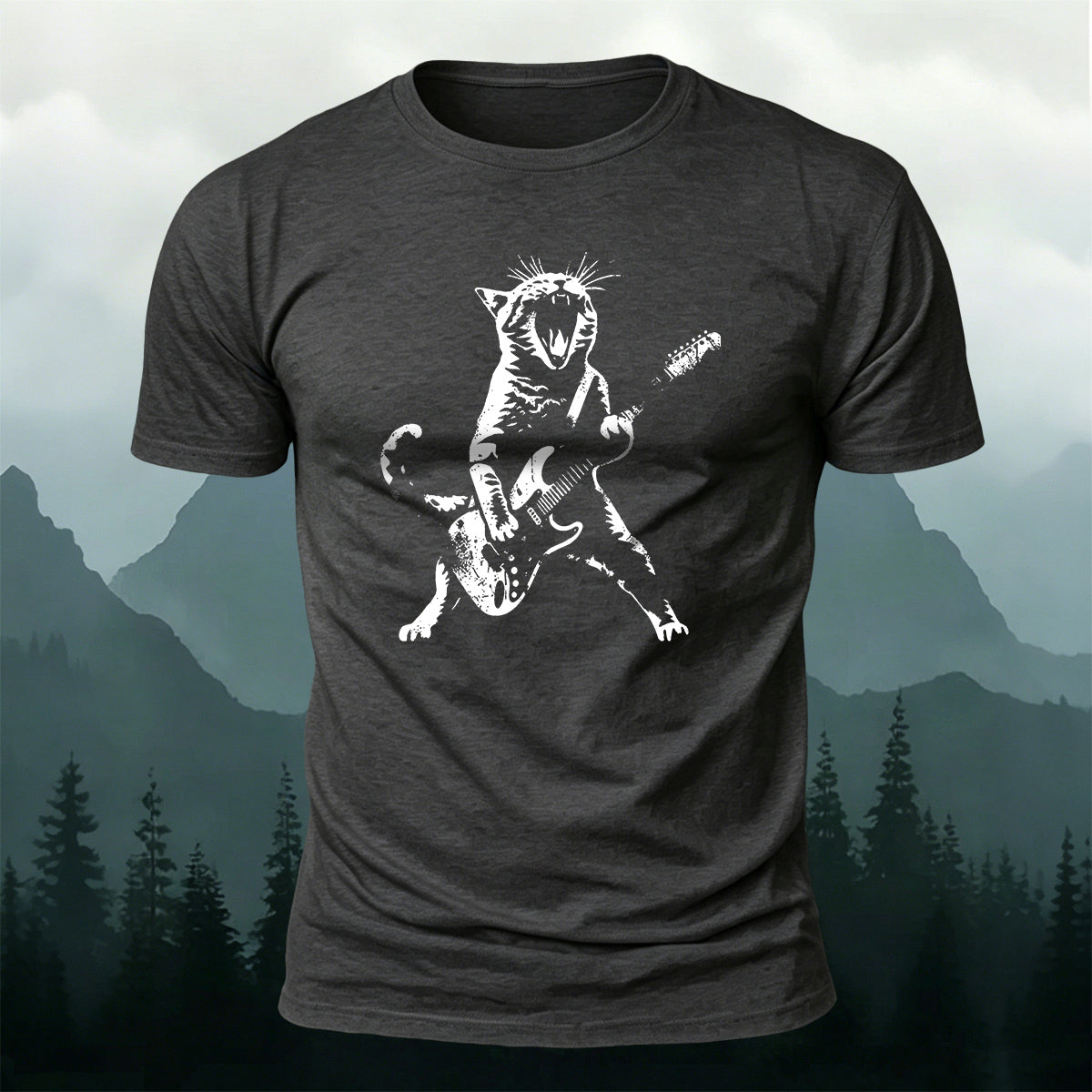 Cotton Rock ‘n’ Roll Cat Print Casual T-Shirt