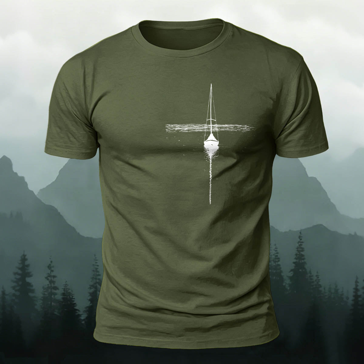 Silhouette of a Lonely Fishing Boat Print  Cotton T-Shirt