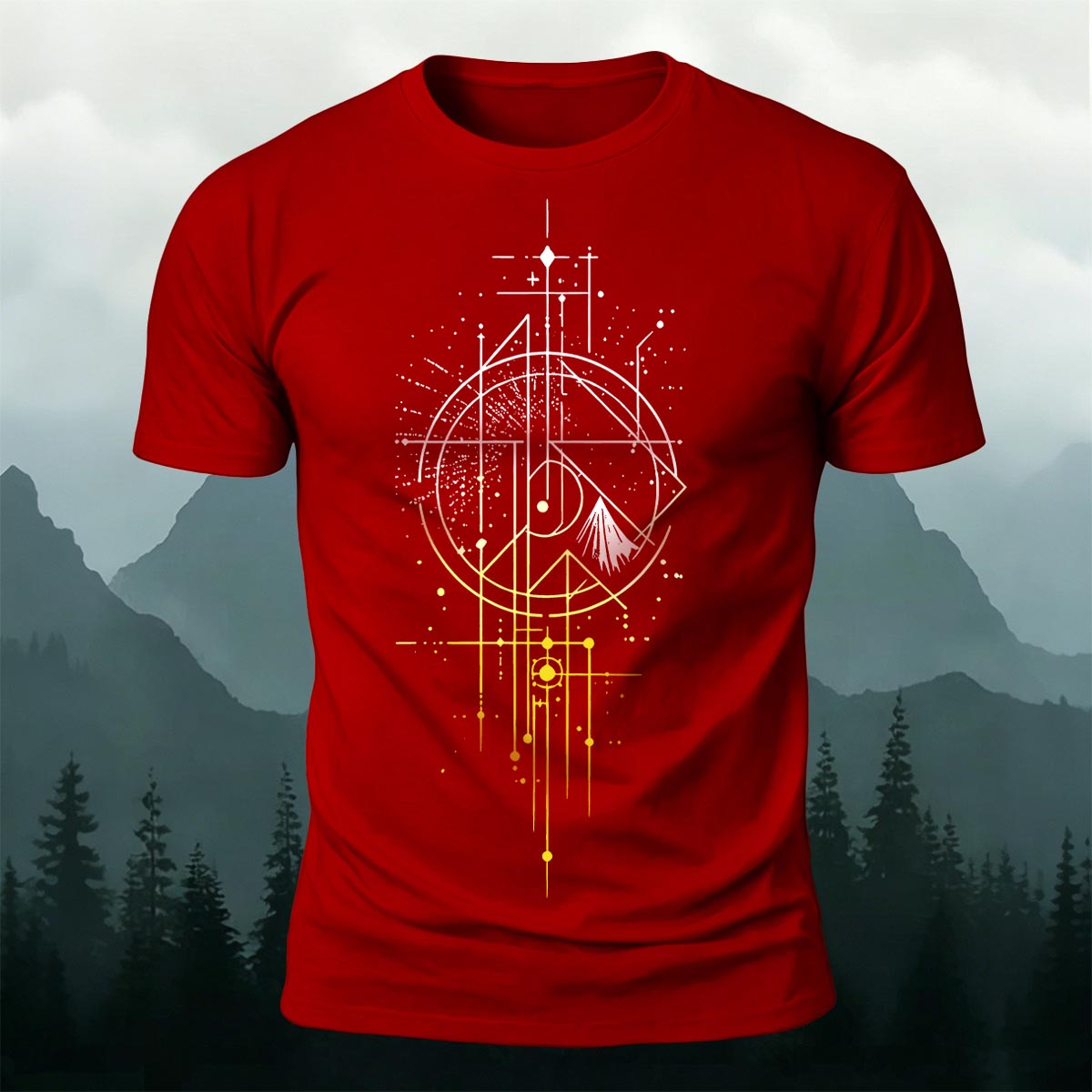 Line Gradient Mountain Print Premium Cotton T-Shirt Red
