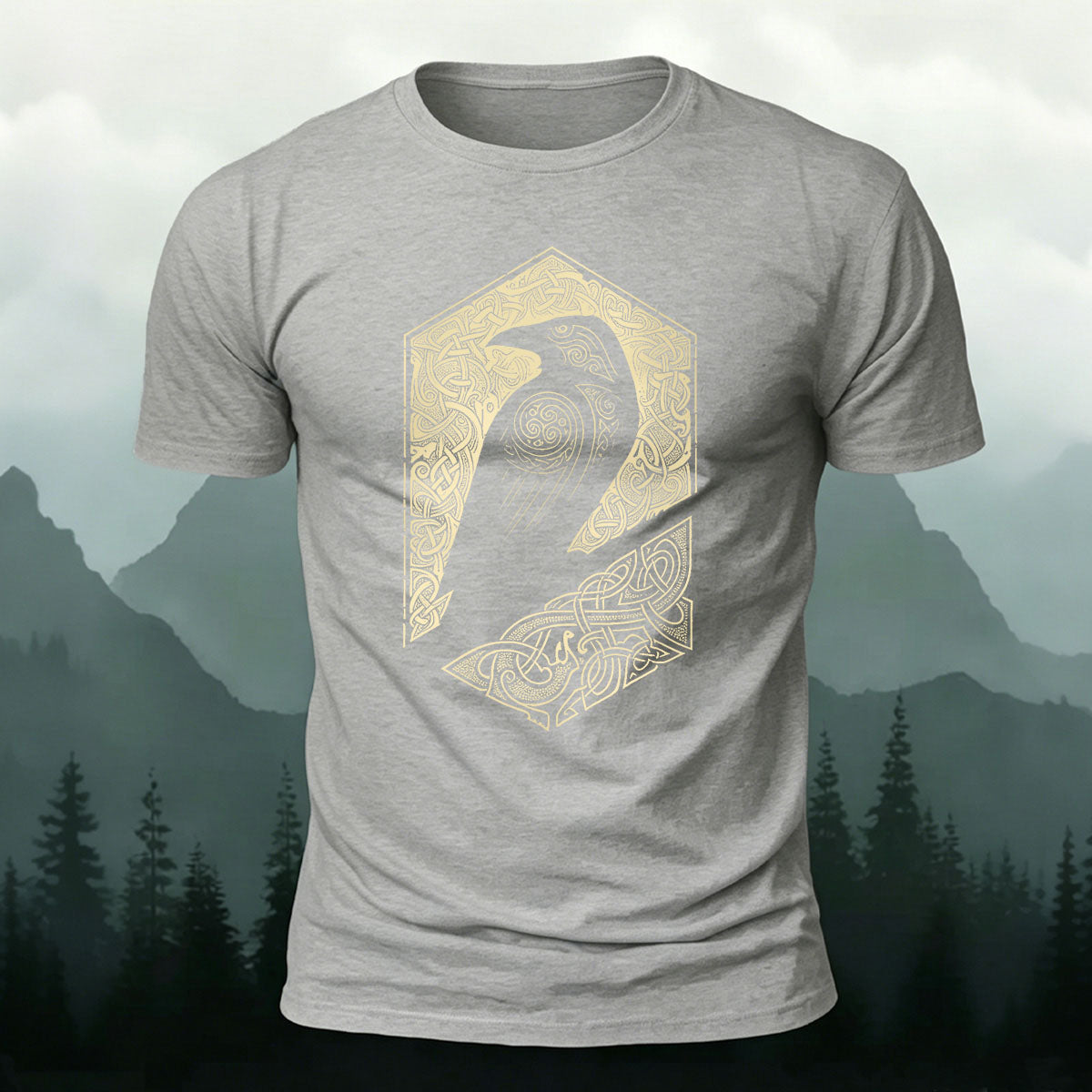 Bird Pattern Mountain-Style Comfortable Casual T-Shirt  Grey