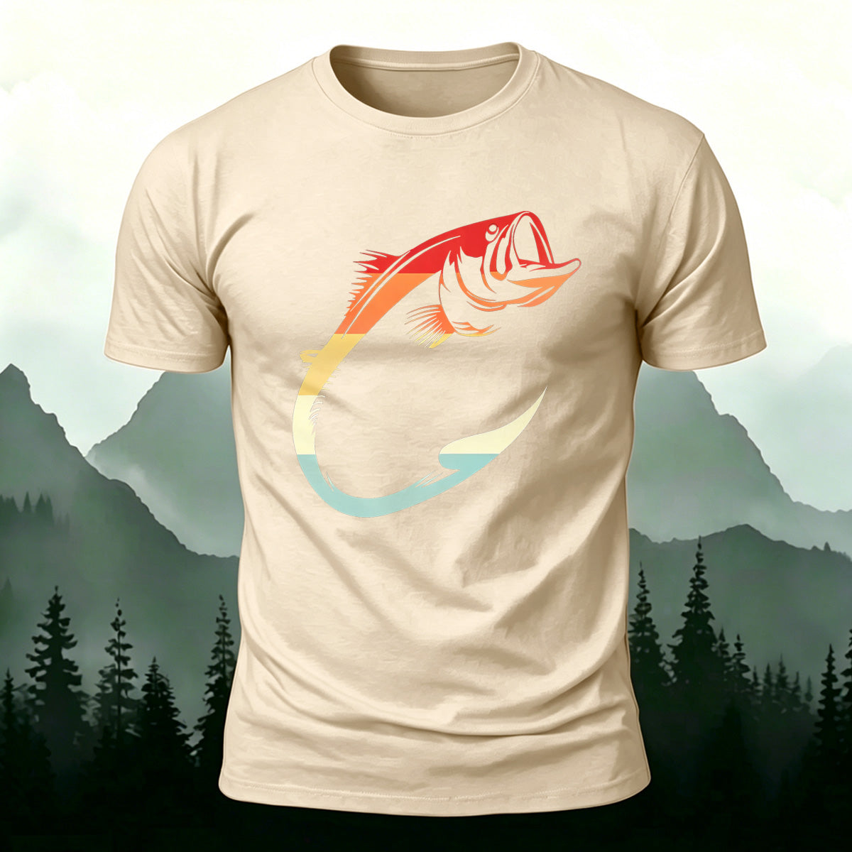 Colorful Hook Print Breathable Material Casual T-Shirt beige