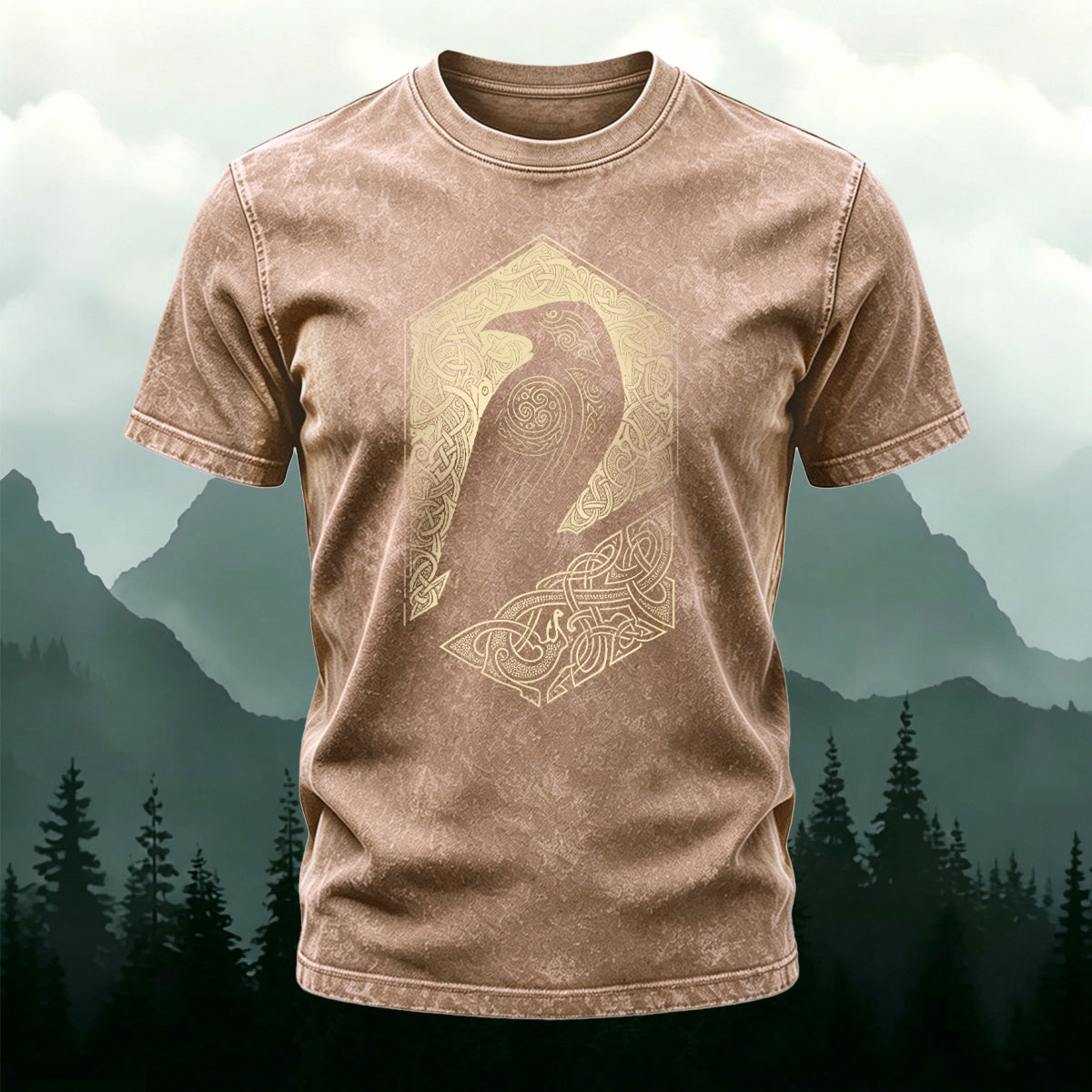 Artistic Bird Print Outdoor Style Washed Cotton T-Shirt