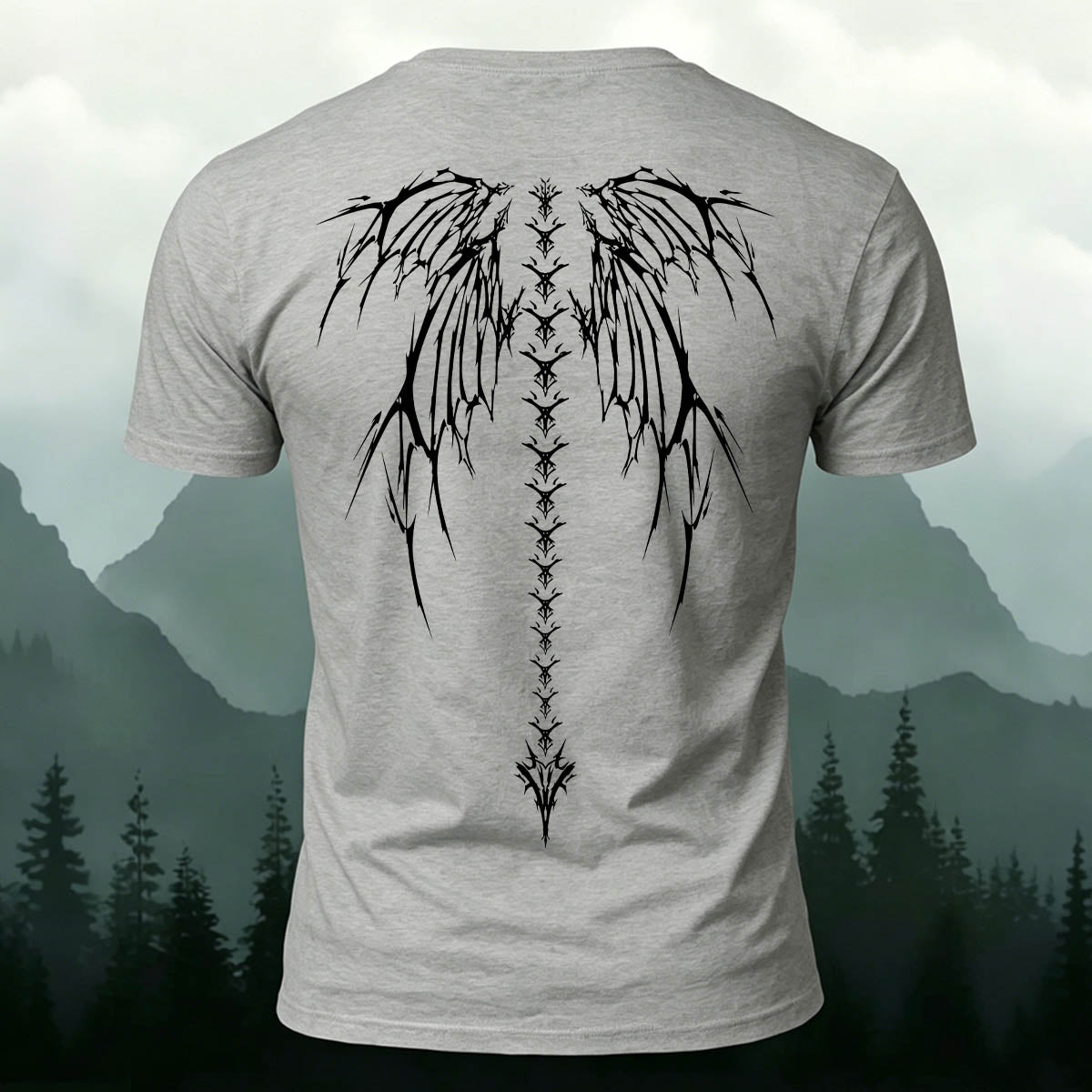 Dark-Style Devil Wings Spine Print Casual Cotton T-Shirt