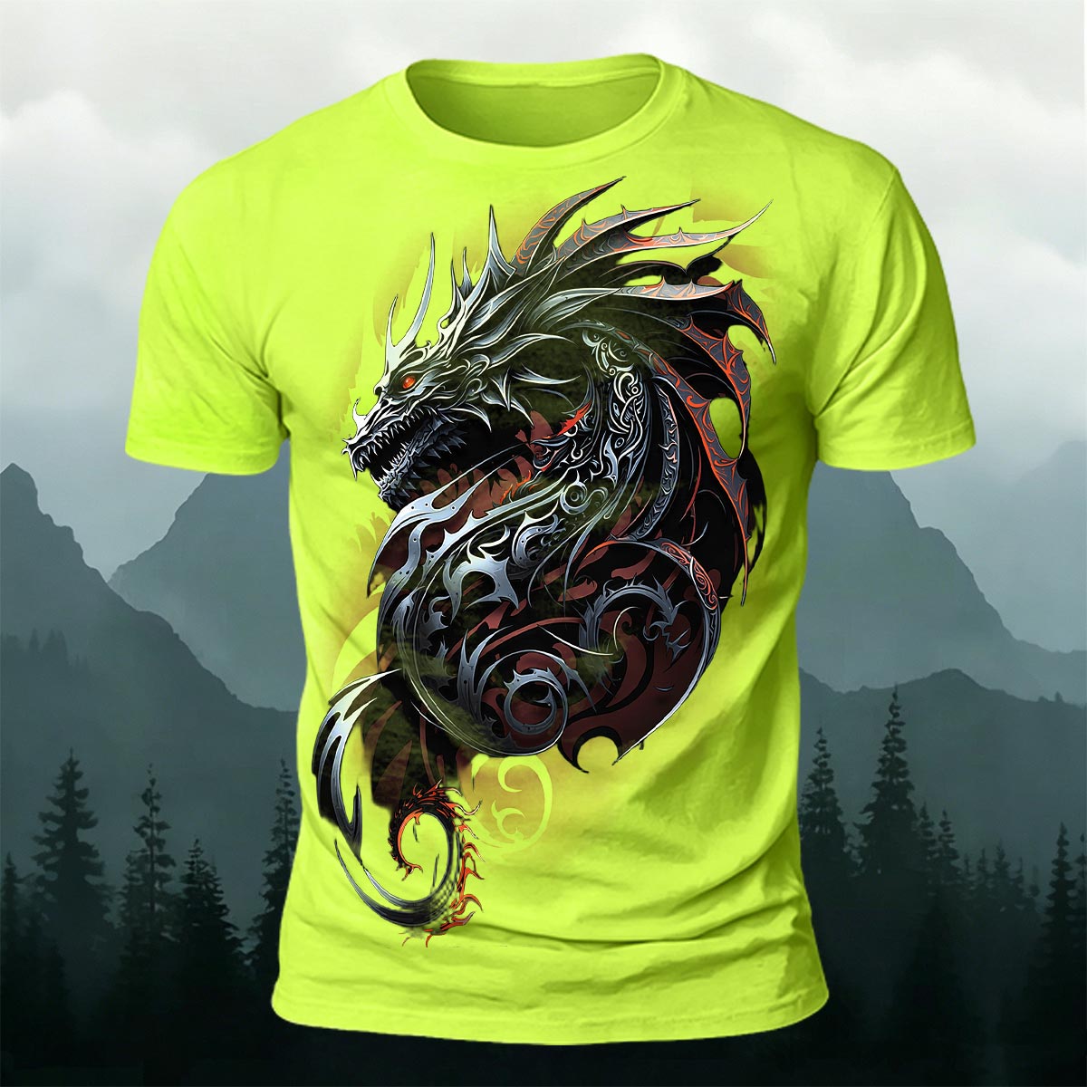Dark Totem Dragon Print Casual Crew Neck T-Shirt