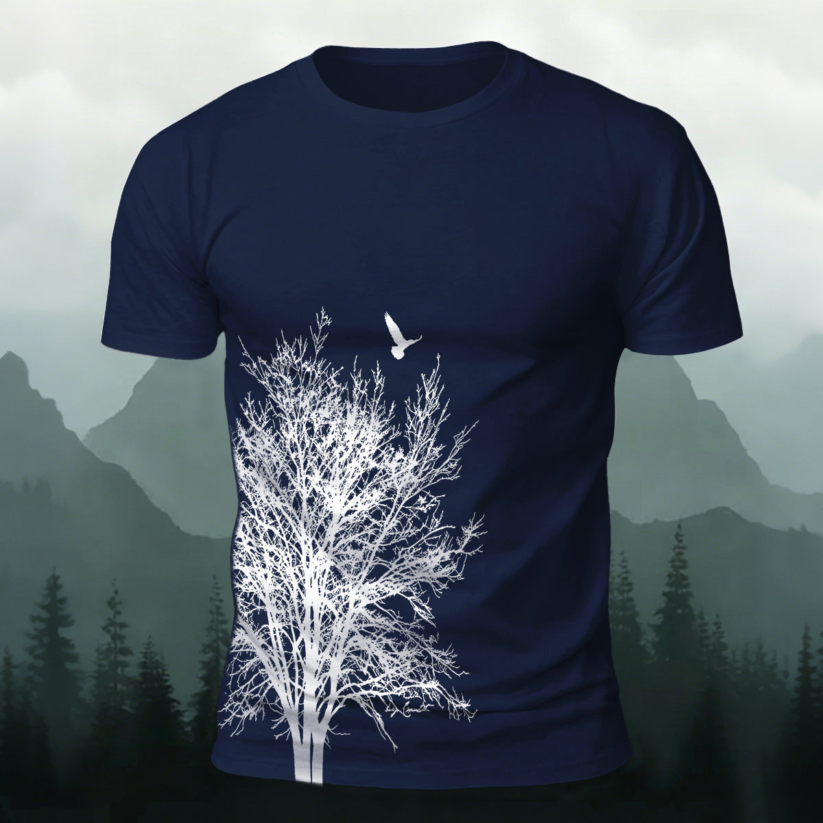 Minimalist  Tree Pattern Natural Style Casual T-Shirt Navy