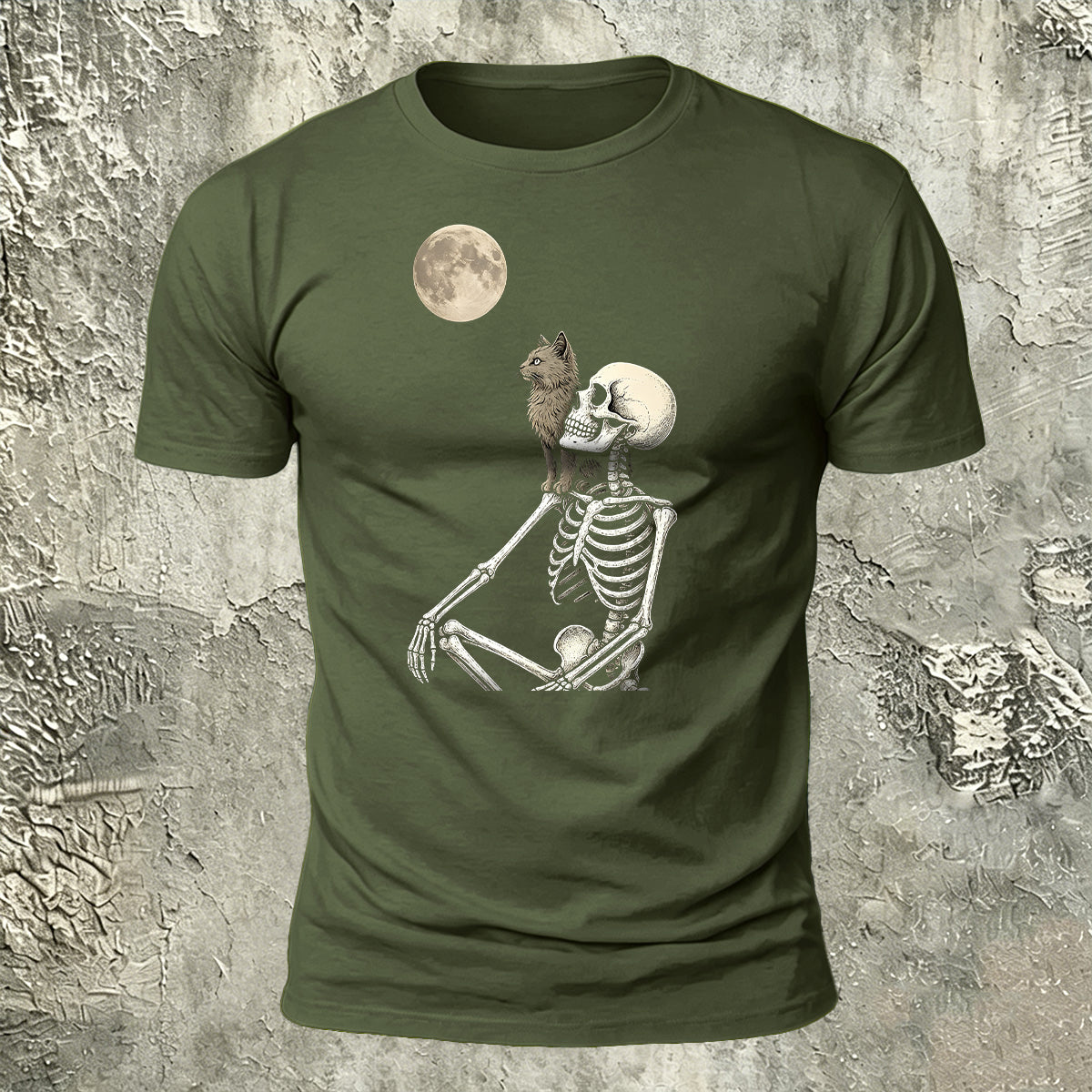 White Skull Moon-Print Casual Cotton T-Shirt