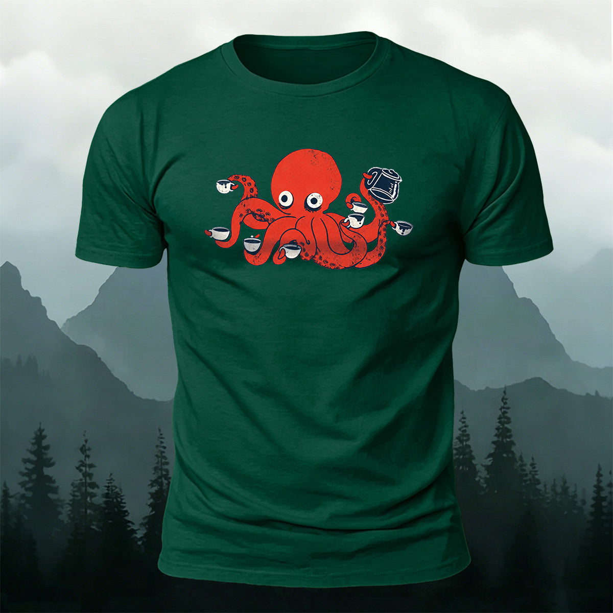 Cartoon Red Octopus Eating Print Comfortable Cotton Tee