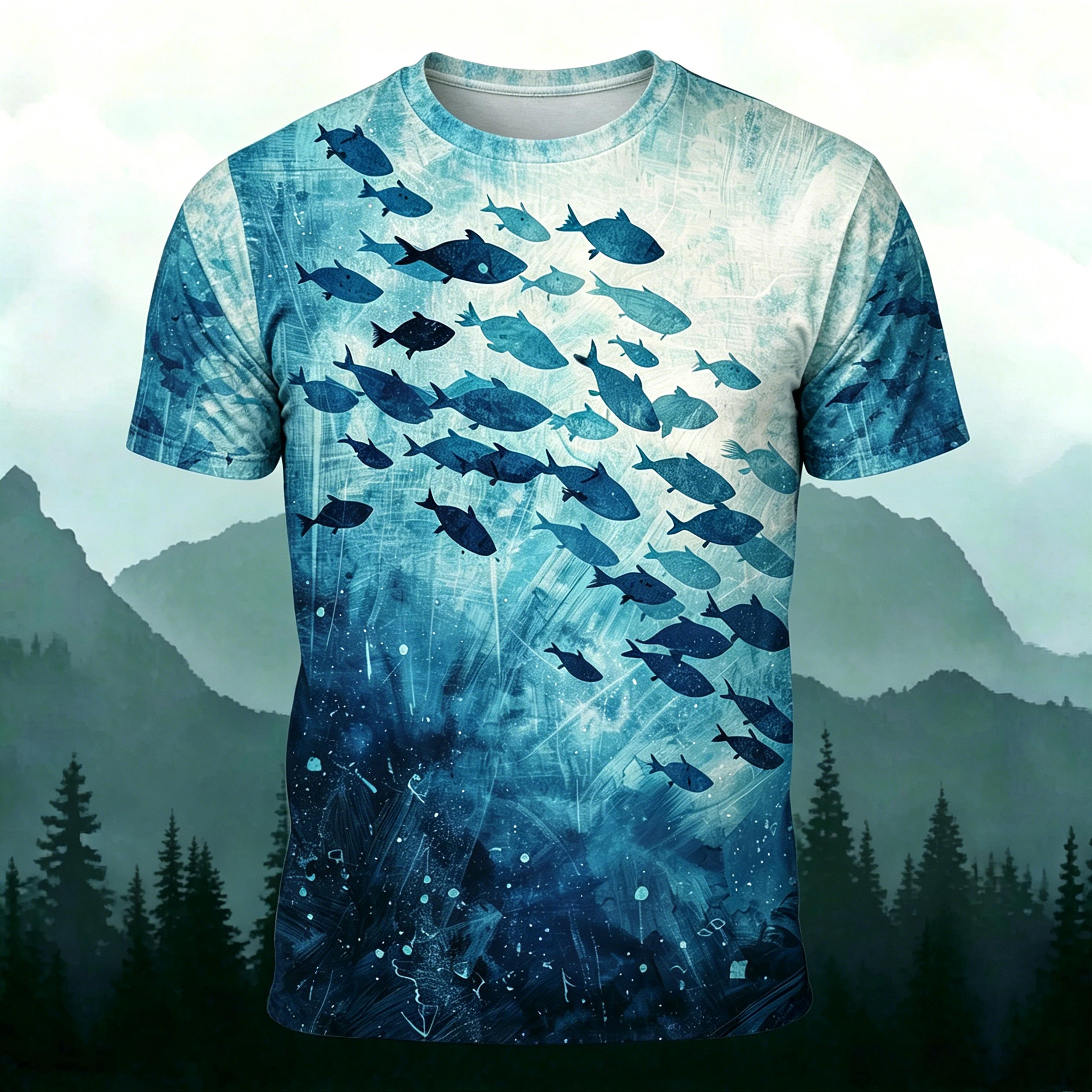 Deep Sea Sardine Print Casual Round-Neck T-Shirt