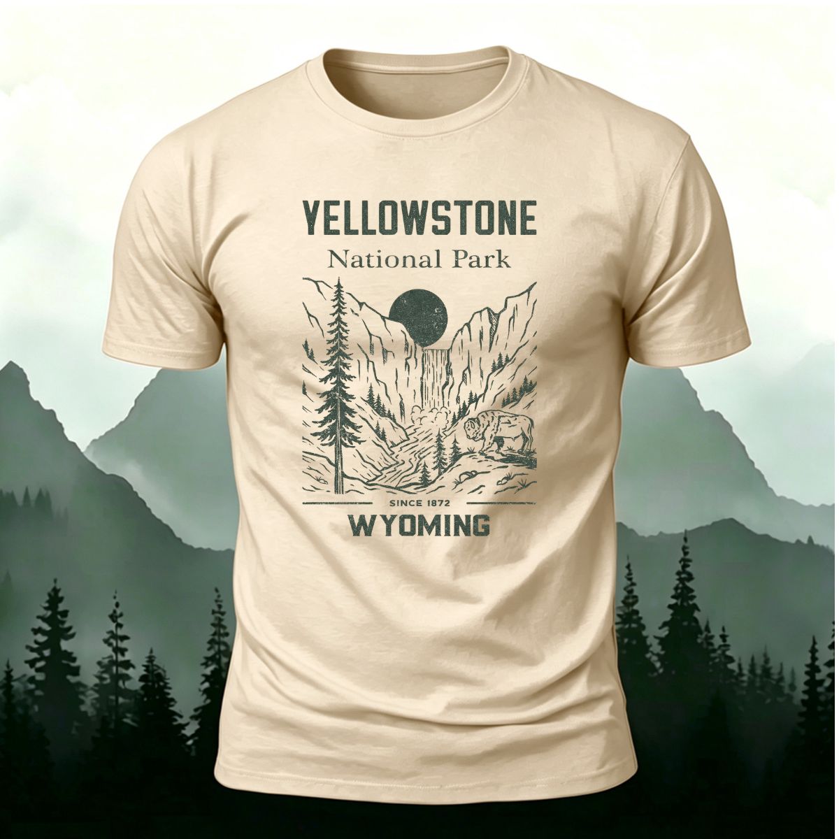 Valley Scenery Pattern Casual Premium Cotton T-Shirt Beige