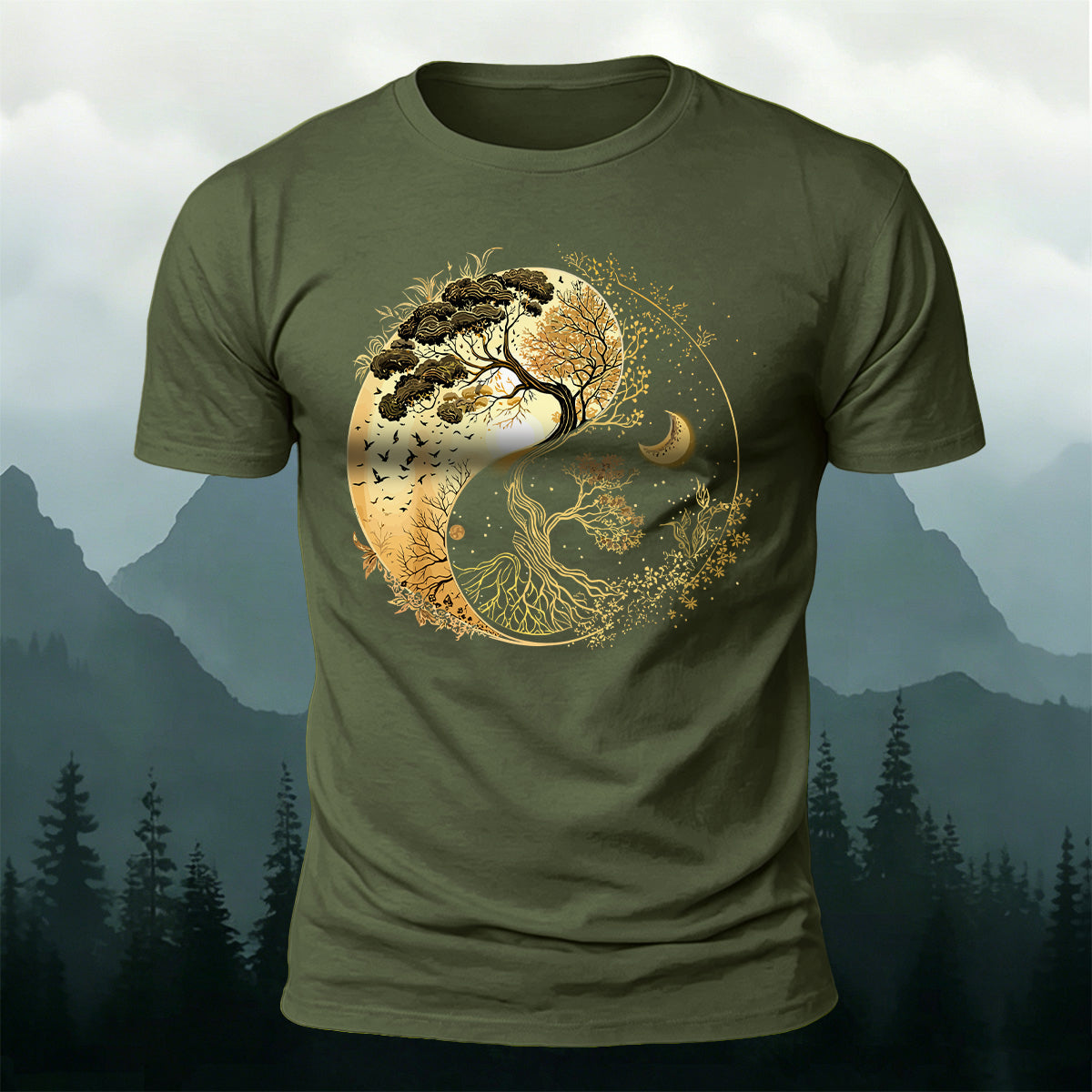Yin-Yang Tai Chi Tree Design Casual Cotton T-Shirt AMG