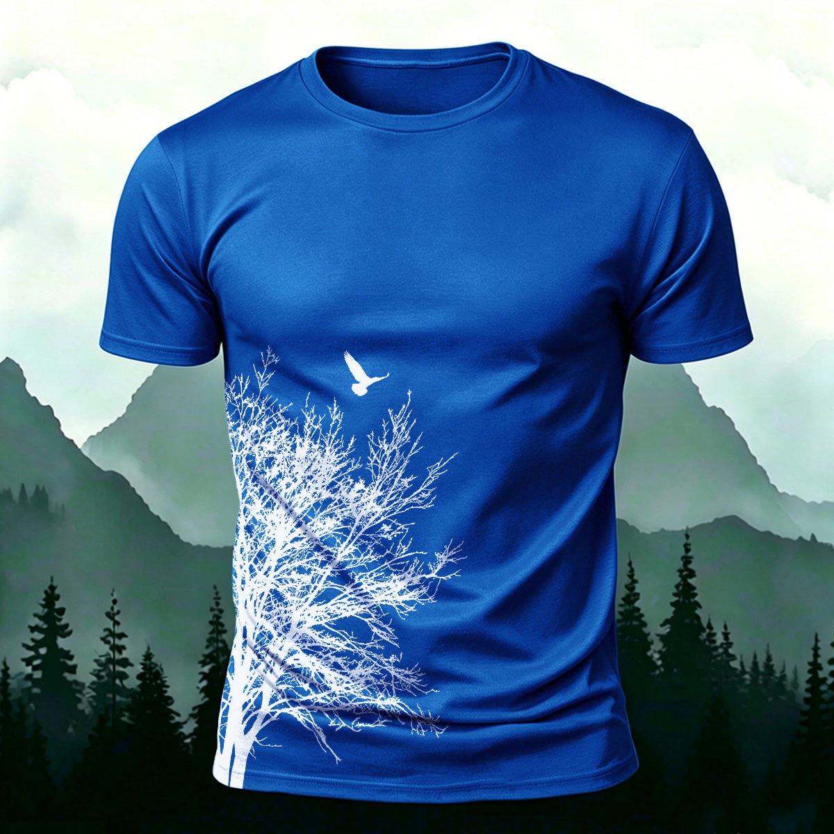 Minimalist  Tree Pattern Natural Style Casual T-Shirt Blue