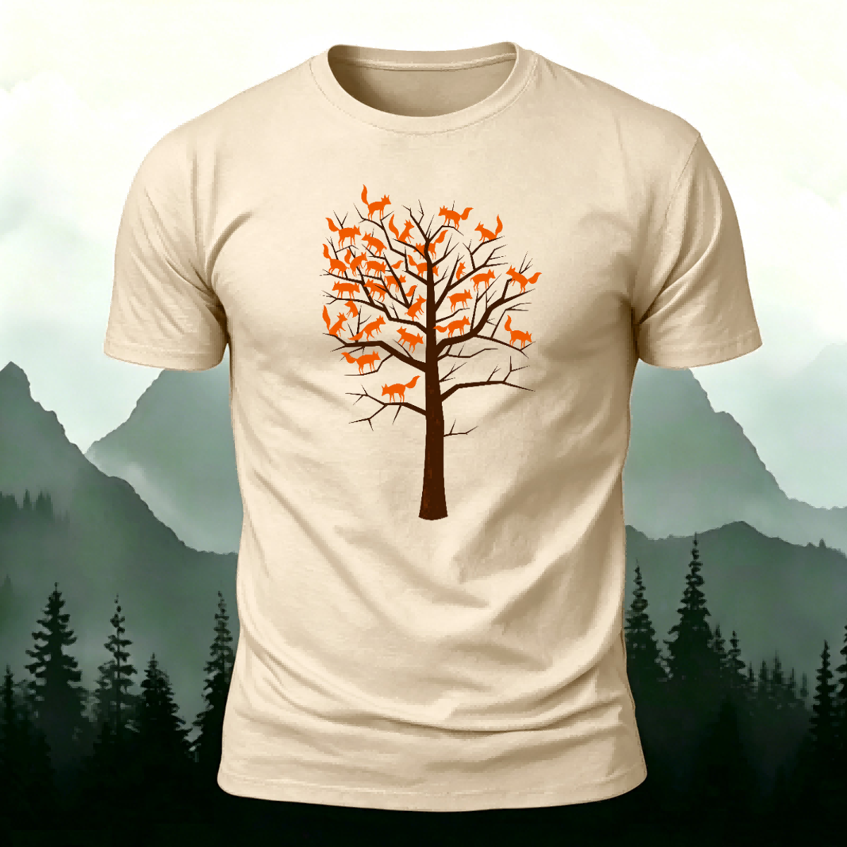 Foxes and Tree Art Pattern Casual Cotton T-Shirt beige