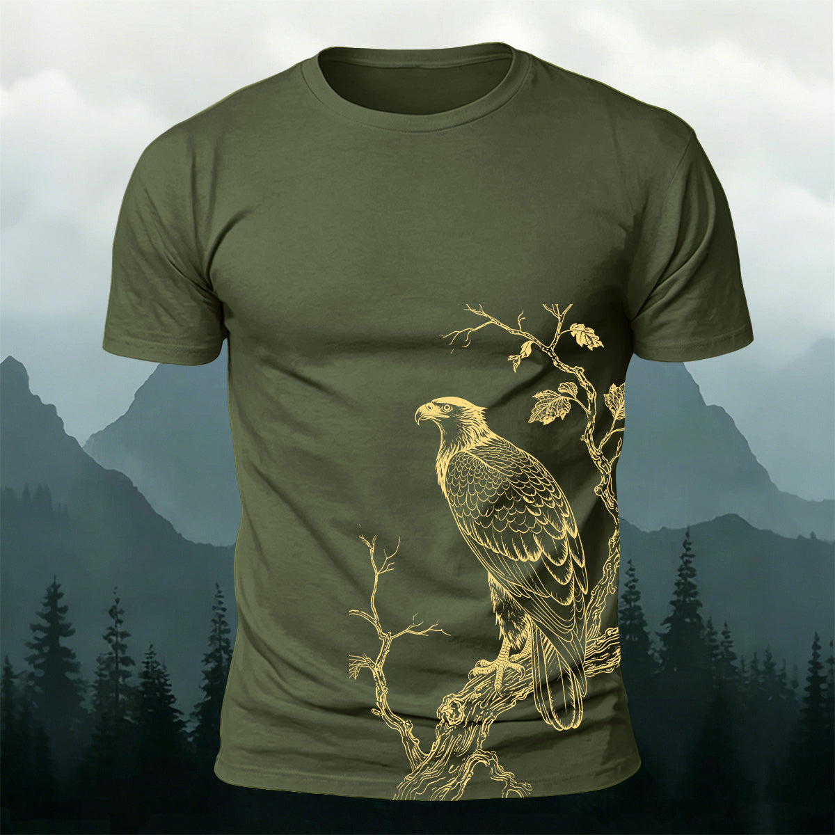 Bird-on-a-Branch PrintCasual 100% Cotton T-Shirt AMG