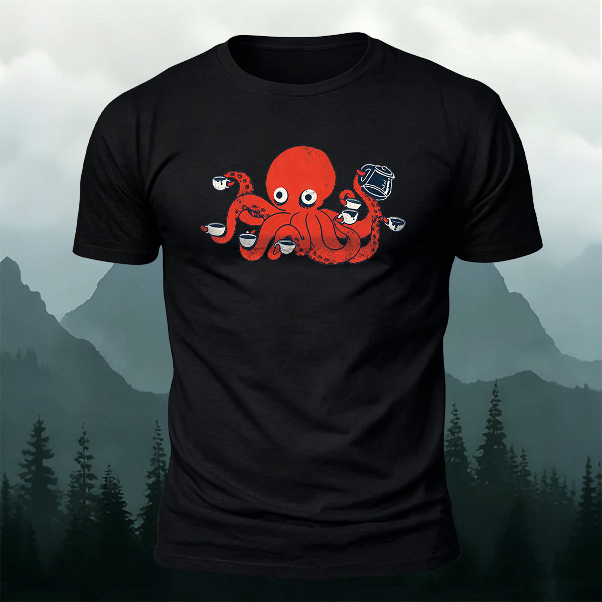 Cartoon Red Octopus Eating Print Comfortable Cotton Tee
