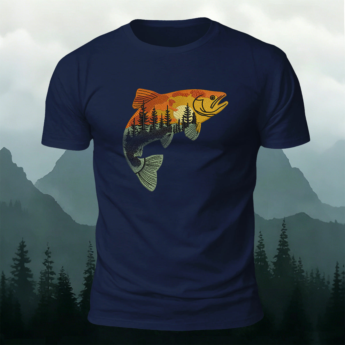 Forest Fish Illustrated Embroidered 100% Cotton Tee