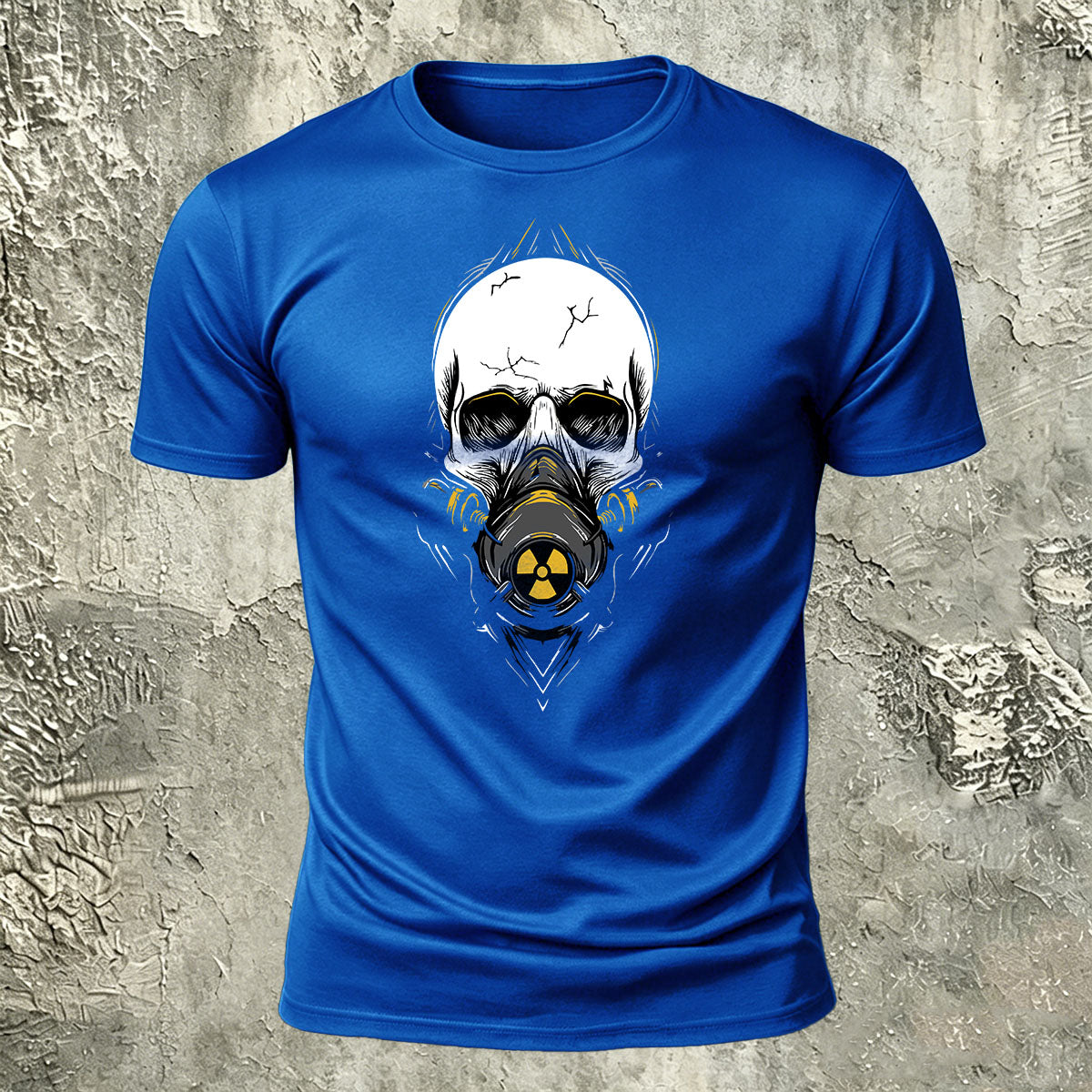Gas Mask Skull Print Cotton Crew Neck T-Shirt Blue