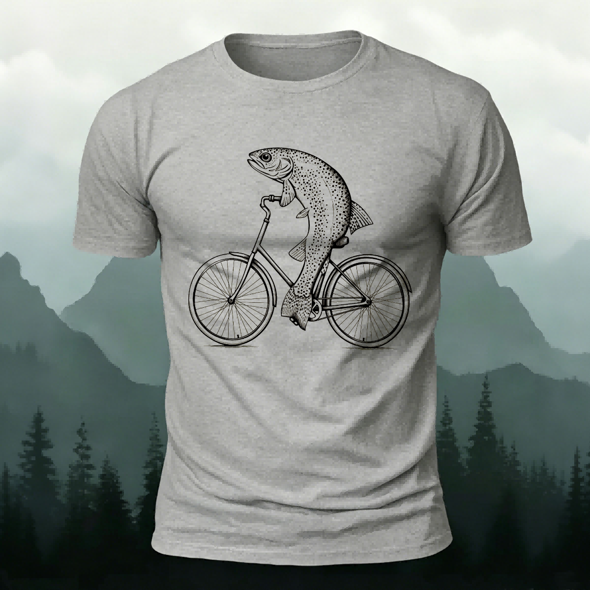 Fish Riding Bicycle Fun Pattern Cotton Casual T-Shirt Grey