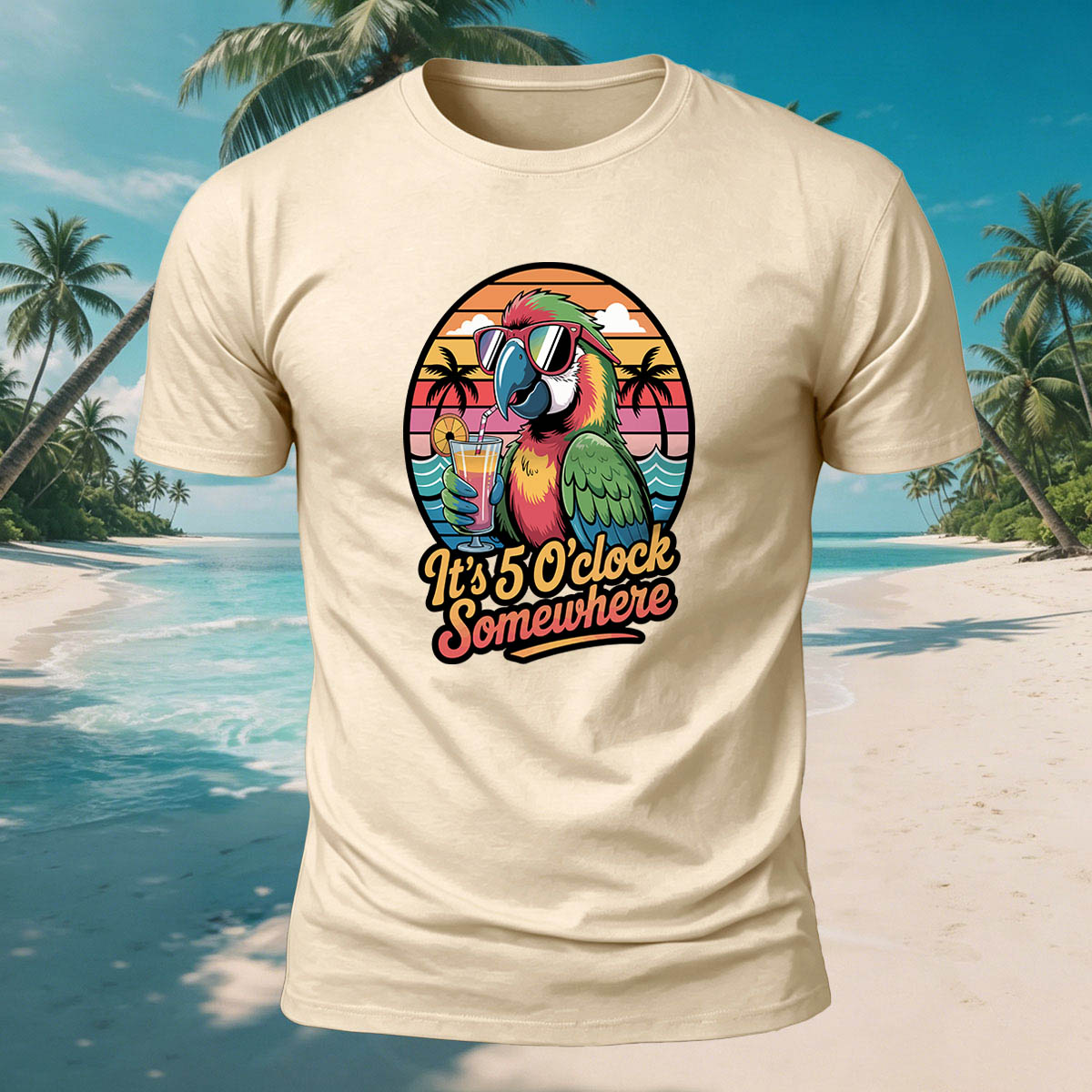 Fun Parrot Drinking Juice Casual Skin-Friendly T-Shirt