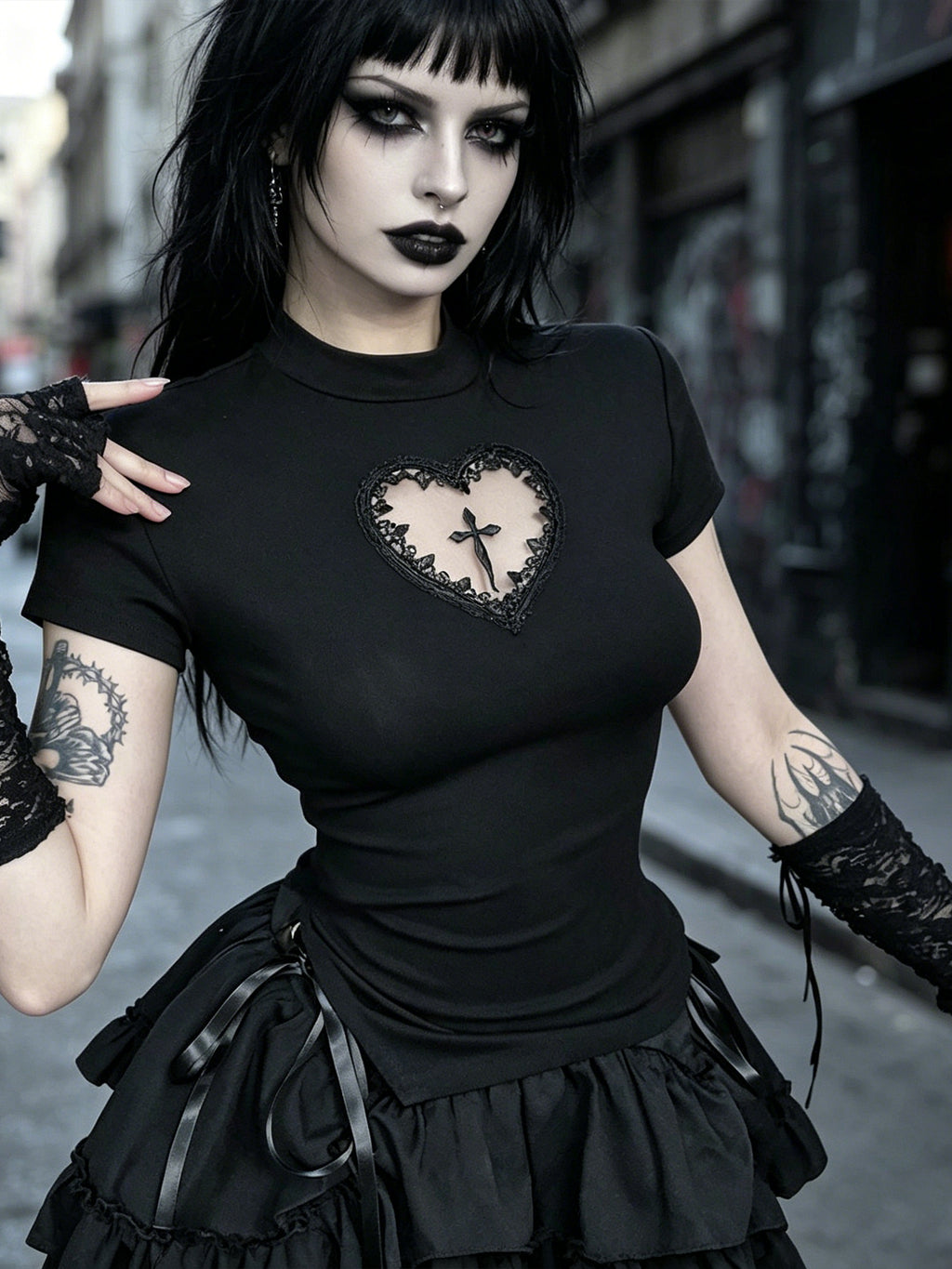 Dark Cross Hollow-out Slim-fit Cropped T-shirt