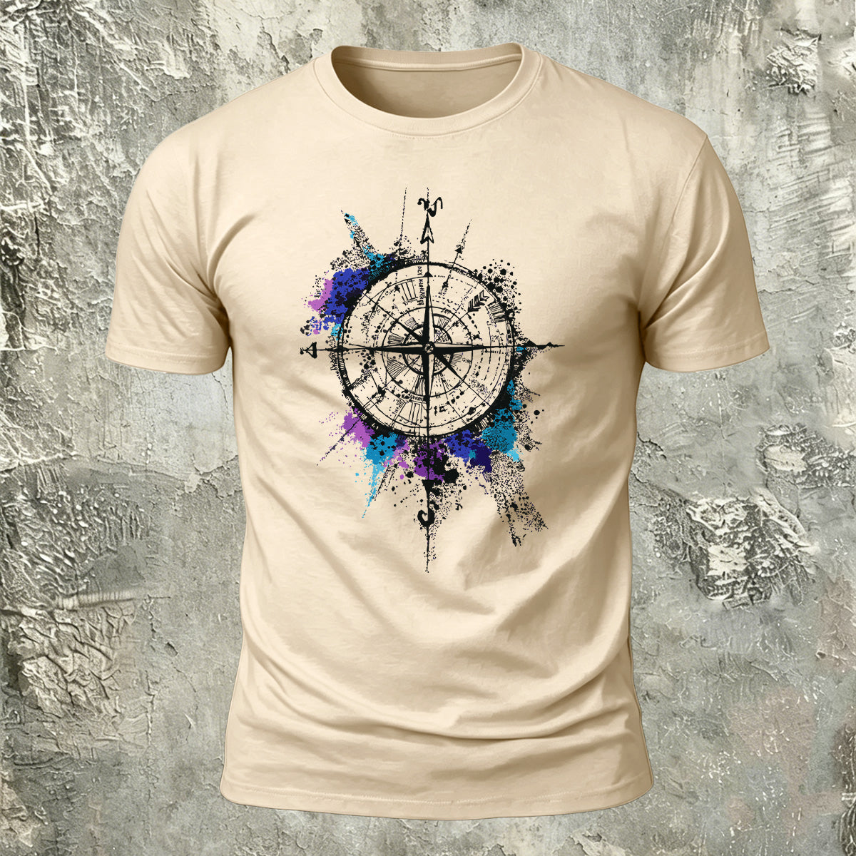 Compass Art Graphic 100% Cotton Casual T-Shirt Beige