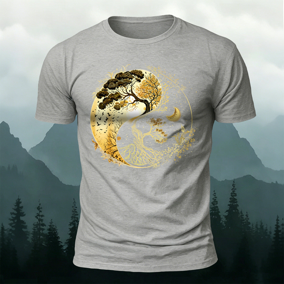 Yin-Yang Tai Chi Tree Design Casual Cotton T-Shirt Grey