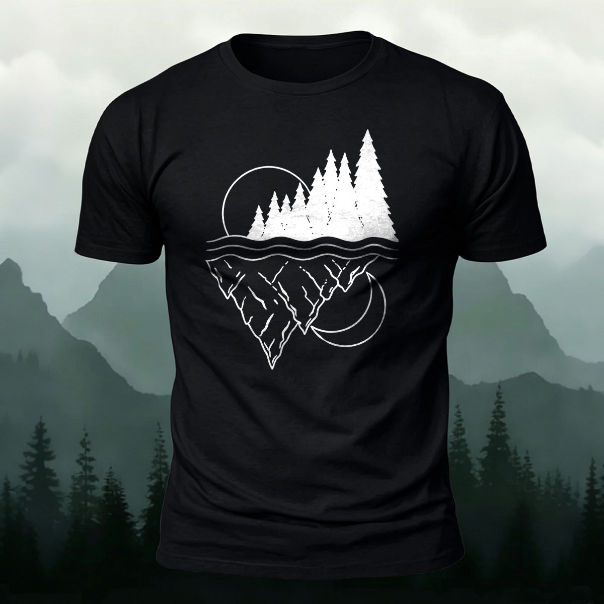 Line-drawn Landscape Pattern Soft-touch Feel T-Shirt Black