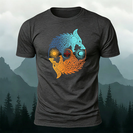 Cotton Wolf Chasing the Sun and Moon Totem Casual T-Shirt