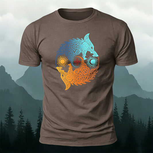 Cotton Wolf Chasing the Sun and Moon Totem Casual T-Shirt