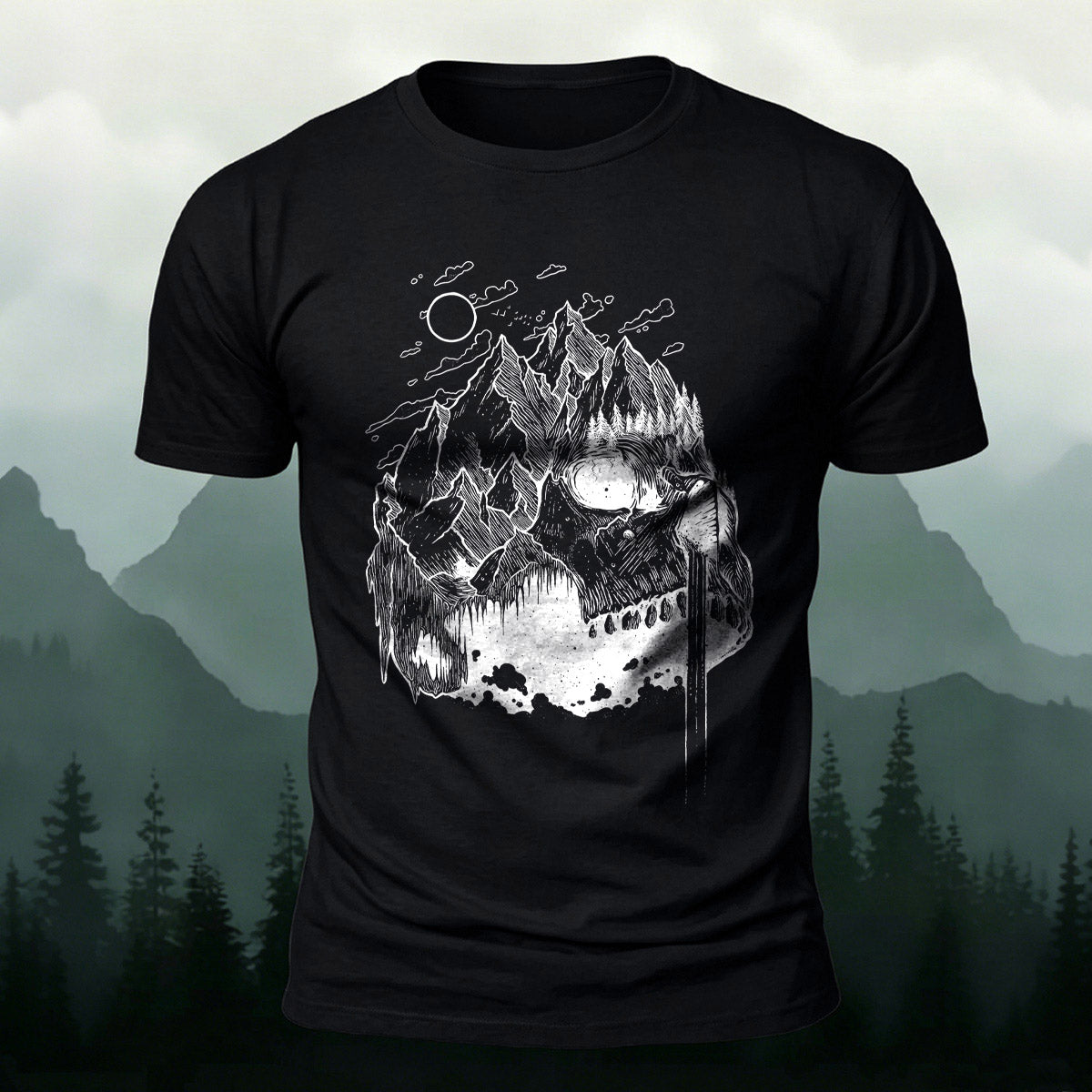 Creative Mountain-Shaped Skull Skin-Friendly T-Shirt Black