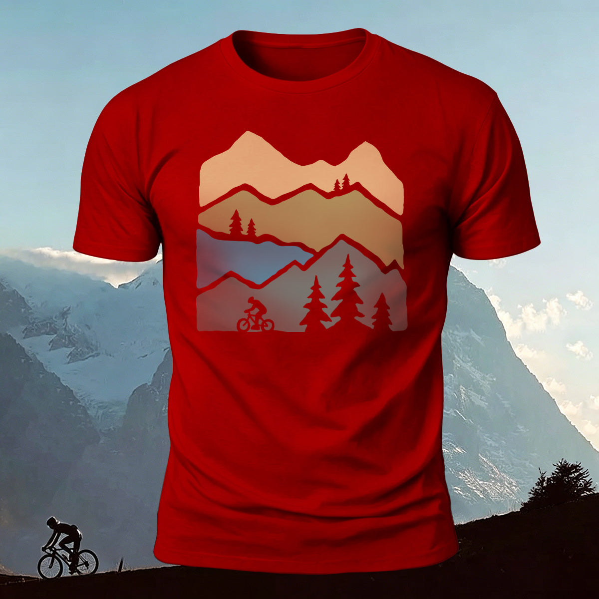 Mountain Biking Print Outdoor Casual Cotton T-Shirt Red