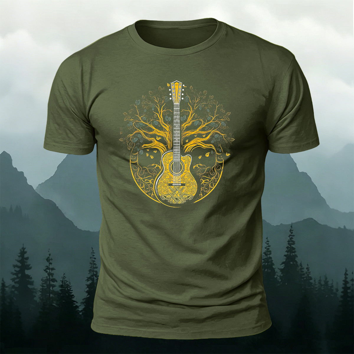 Guitar God Tree Trend-Print Casual Cotton T-Shirt