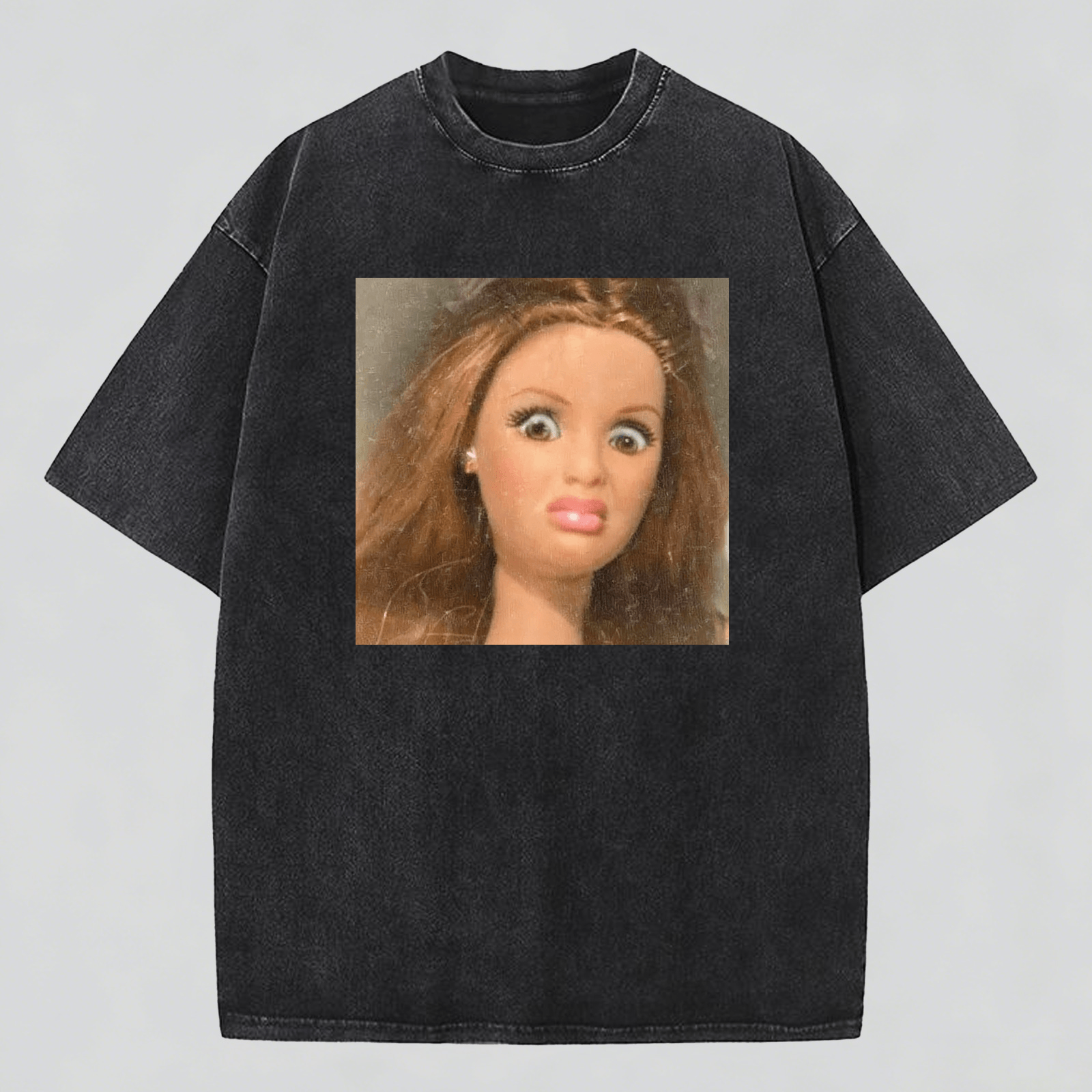 Disdainful Face Print Washed  Cotton Crew Neck T-Shirt