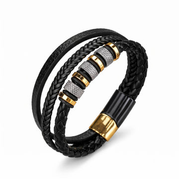 Braided Leather Metal Bead Men Bracelet