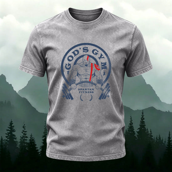 Fitness Print Fashion Washed Cotton Casual T-Shirt Light Grey