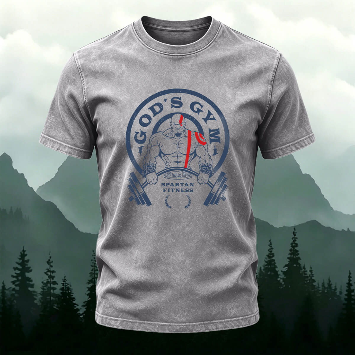 Fitness Print Fashion Washed Cotton Casual T-Shirt Light Grey